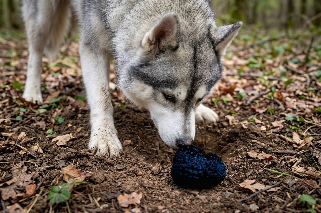 Initiation au cavage pour chien dans le Gard : un Husky trouve une truffe noire en forêt lors d'un cours Lien KaNin près de Nîmes