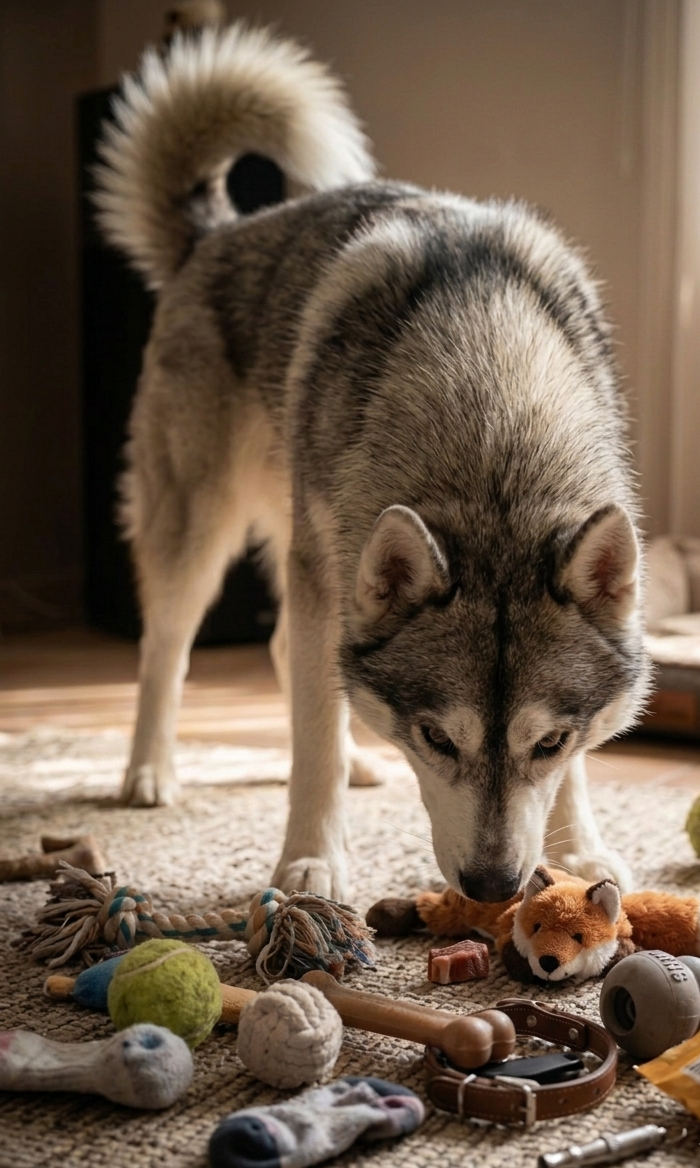 Jeux de flair et détection canine à la maison : le chien Natsu cherche une friandise précis au milieu de ses jouets avec Lien KaNin